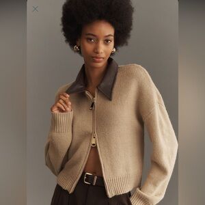 Beige Zip-Up Sweater with Brown Collar